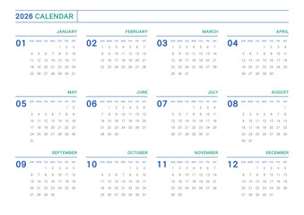 This 2026 annual calendar template features a clean, minimalist design. The simple grid layout exudes a modern, professional feel. It's perfect for print, digital planners, and office scheduling.