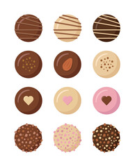 A chocolate set featuring a variety of flavors and toppings, including milk, dark, white, drizzled, and heart-shaped. Ideal for confectionery advertising, Valentine's Day, and dessert menus.