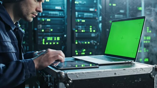 Technician works on laptop with greenscreen in server room. Man uses tablet and laptop in datacenter. Engineer monitors servers with greenscreen laptop. Tech specialist in server facility.