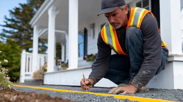 116Close-up of construction worker painting marking lines along house perimeter for utility installation