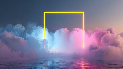 Neon Portal Square of Light Amidst Colorful Clouds and Water.