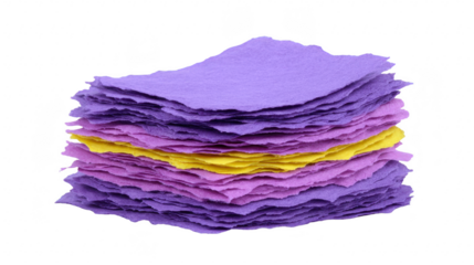 Stack of textured purple and yellow handmade paper sheets rough edges layered craft material isolated on white creative supplies vibrant colors artistic cheerful mood