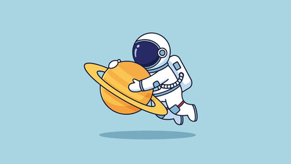 Cute cartoon astronaut floating in space hugging the ringed planet Saturn. © Caroline Studio