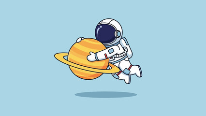 Cute cartoon astronaut hugging Saturn with its iconic rings. © Caroline Studio