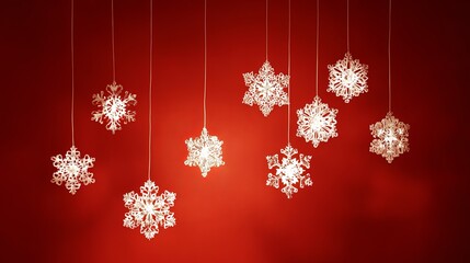 Snowflake Sparkle Festive holiday decorations on red background.
