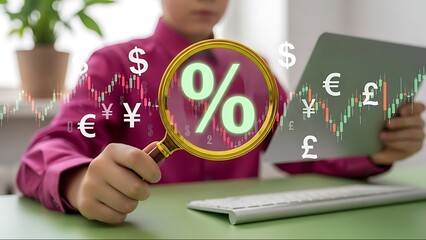 Businesswoman Examines Financial Data with Magnifying Glass and Tablet, Math and Money Sign Symbol Representing Financial Calculation, Accounting and Business Concept