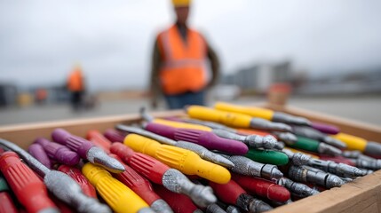 A crate filled with colorful construction tools with workers in the background at an outdoor site