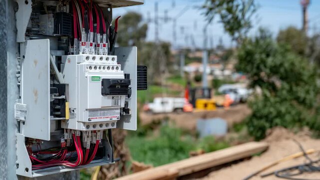 124Close-up of outdoor switchgear cabinet being wired during installation near private property