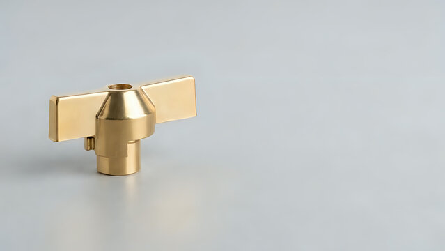 Polished brass wing nut component rests on a clean light gray surface with ample copy space