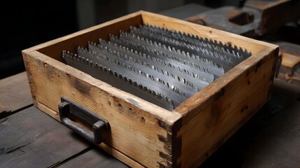 A rustic wooden box neatly stores a collection of sharp saw blades hinting at woodworking and craftsmanship