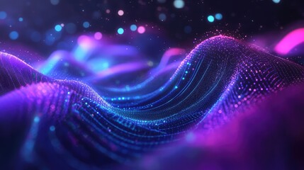 Abstract digital waves forming a vibrant, glowing network of particles and light trails, representing data flow, connectivity, and technological innovation across a dark background