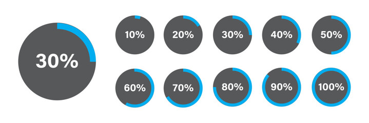 Circle loading, circle progress with percentage. Set of circle percentage diagrams for infographics, set of percentage infographic chart - 0 10 20 30 40 50 60 70 80 90 100. Vector infographic set.