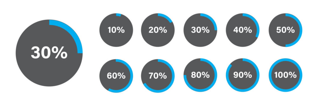 Circle loading, circle progress with percentage. Set of circle percentage diagrams for infographics, set of percentage infographic chart - 0 10 20 30 40 50 60 70 80 90 100. Vector infographic set.