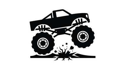 A powerful monster truck jumps mid air creating a dynamic scene silhouette © MDAUAL