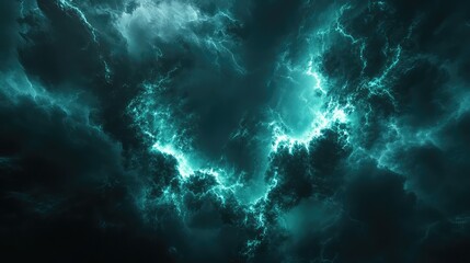 Fototapeta premium Abstract digital rendering showing bright teal lightning energy illuminating dark stormy clouds with powerful light, symbolizing drama, electricity, and dynamic force
