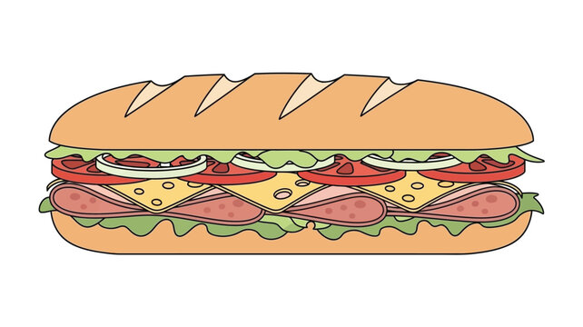 Colorful illustration of a large sub sandwich with various fillings silhouette