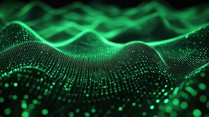 Green glowing dots connected by fine lines create an undulating, abstract digital landscape, representing complex data structures and interconnected futuristic network technologies