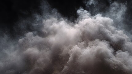 Dramatic clouds of white and gray dust or smoke swirl against a dark background with faint glowing particles