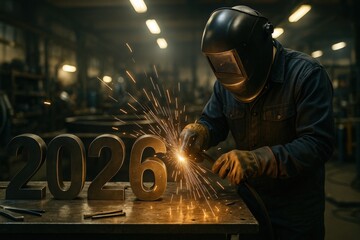 A Skilled Welder Works Diligently on the Year 2026 in a Workshop, Creating Sparks That Illuminate the Dark Space Around Him