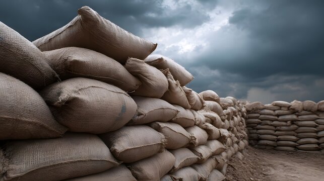 A dramatic view of a sandbag fortification wall under a stormy cloudy sky emphasizing defense and protection