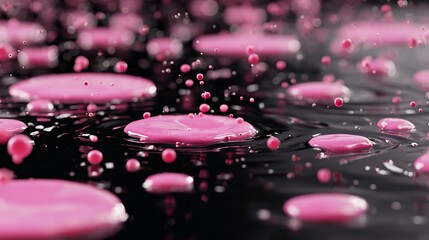 Pink droplets impacting a glossy, black surface