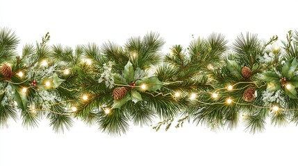 Christmas Garland Magic Festive Fir with Lights  Pinecones on White.