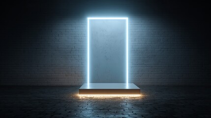 Neon Portal Glowing frame on brick wall backdrop.