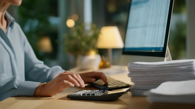 An office worker verifying invoice details on a spreadsheet, cross-checking numbers with receipts stacked beside the keyboard &mdash; routine accounting verification and administrative workflow.