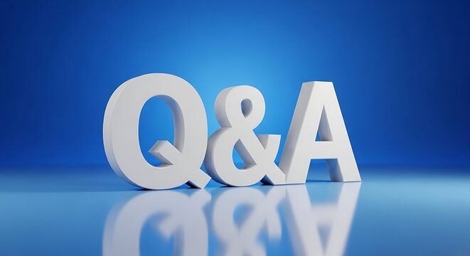 White 3d q and a text on reflective blue background for presentations