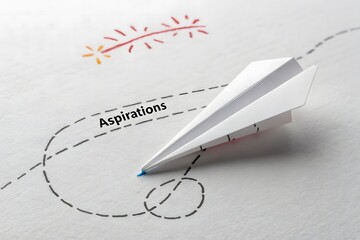 Fototapeta premium White Paper Airplane With Dashed Line Showing Flight Path