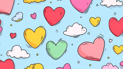 Heartfelt Sky Colorful hearts  clouds floating on blue background.