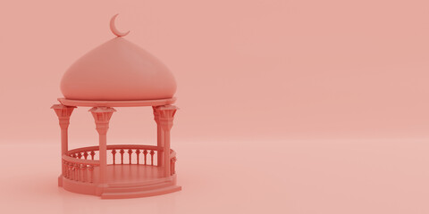 Minimal 3D mosque pavilion in soft pink tone representing Islamic culture, calm spirituality, and Ramadan ambiance. Ideal for Ramadan greetings, religious motion graphics, or elegant cultural backgrou © M
