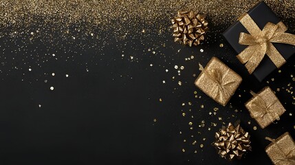 Golden Holiday Glittering gifts on black background  Festive cheer.