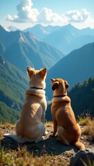 Dog and owner enjoy a mountaintop view; breathtaking panorama , exploration, companion, adventure