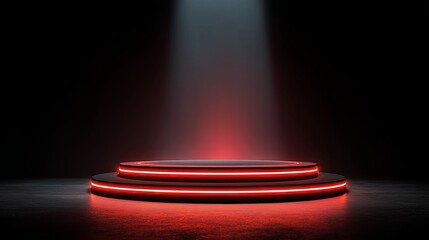 Neon Red Stage Spotlight Modern Product Display Platform with Dark Background.