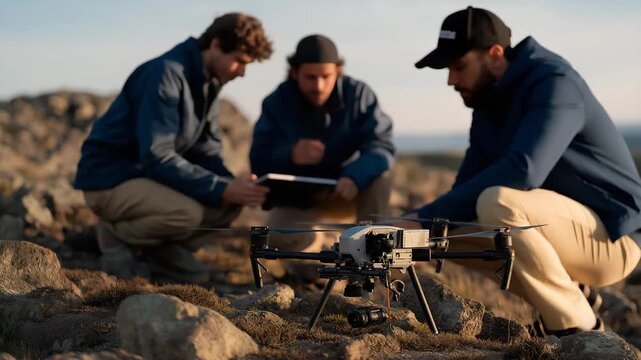 A drone survey team verifying land boundary data against satellite maps, digital overlays updating in real time as they mark precise coordinates &mdash; geospatial accuracy, field surveying, and advanced