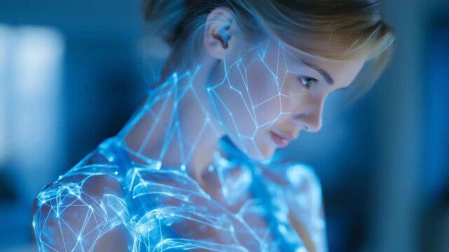 A digital twin avatar used by doctors to visualize a patient&rsquo;s biomechanical data, showing posture, movement, and wearable sensor feedback in real time &mdash; healthcare innovation, predictive