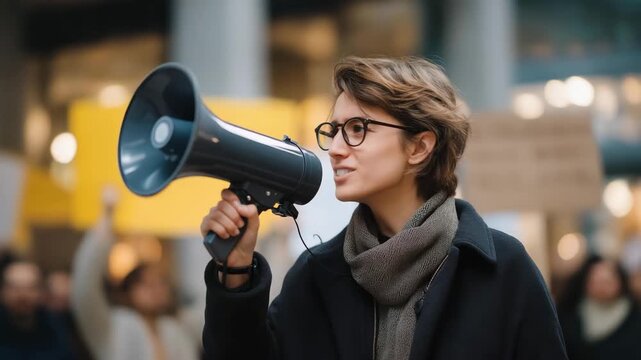 A female activist rallying supporters with a megaphone during a peaceful demonstration, posters raised high around her &mdash; civic empowerment, grassroots organizing, and social change. cinematic color