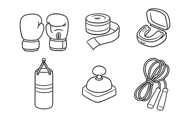 Boxing and training equipment icons in a simple line art style