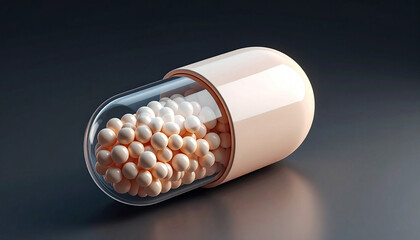 healthcare capsule reveals inner granules with dark clean modern medical aesthetic background
