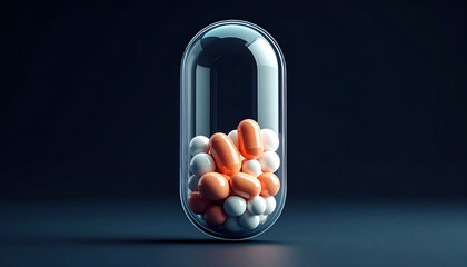 transparent capsule displays rounded granules inside with dark clean modern medical aesthetic background
