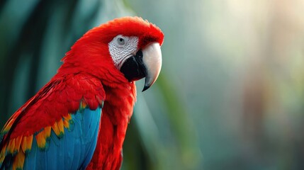 Obraz premium Vibrant red parrot in lush tropical setting