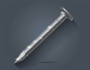 An isolated close-up of a sharp steel nail and metallic tool equipment on a white background featuring silver iron objects for business and office work