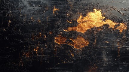 Dark, deeply textured surface showing rugged cracks and scratches, contrasting with areas revealing shimmering, vibrant gold details, creating an abstract and luxurious background