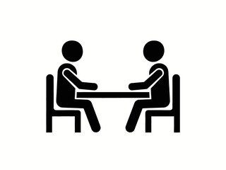 Business meeting people sitting at table for discussion and negotiation, flat vector icon