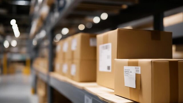 A neatly stacked row of sealed cardboard boxes in a large warehouse aisle, each labeled with barcodes and tracking numbers under uniform LED lighting &mdash; showcasing inventory management, logistics