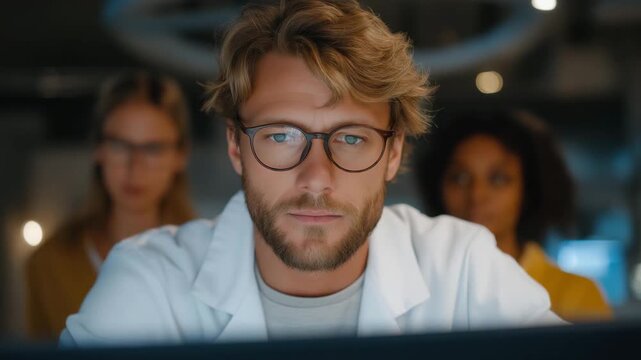 A scientist viewing unexpected breakthrough results on a glowing lab monitor, leaning back in stunned disbelief as colleagues gather around &mdash; scientific discovery, emotional reaction in research,