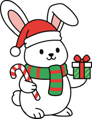 Vector illustration of a cute white rabbit wearing a Santa hat and scarf, holding a candy cane and a Christmas gift.