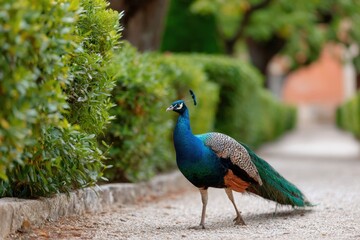 Obraz premium Vibrant peacock in a lush garden