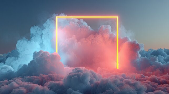 Neon portal Dreamscape above fluffy clouds Fantasy gate to new dimension.